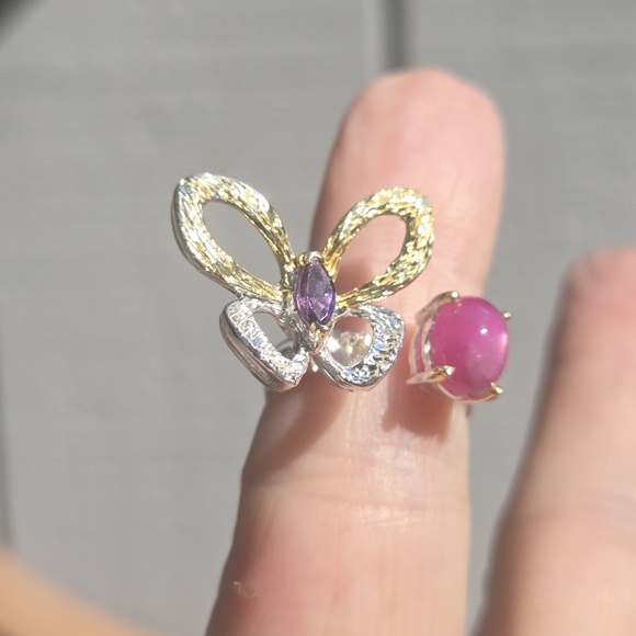 Star Ruby 3k & Amethyst butterfly sterling & gold ring sz7 adjustable open - Picture 5 of 10